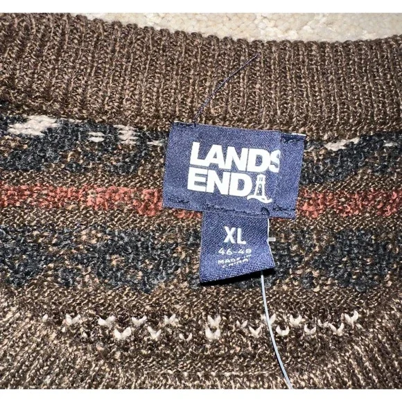 Lands' End Fair Isle Sweater Men XL Brown New Crew Neck Knit Grandpa Old Money - Picture 2 of 8